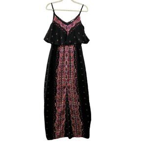Express Maxi Dress Womens S Black Red Paisley Boho Cami Chiffon Split Front